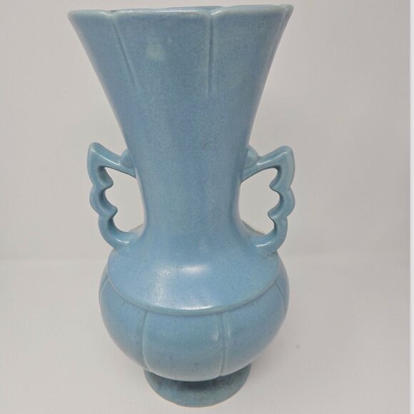 Vintage 1940s Weller Art Pottery Blue White Cameo Flower Vase Large 13" Tall - Picture 4 of 7